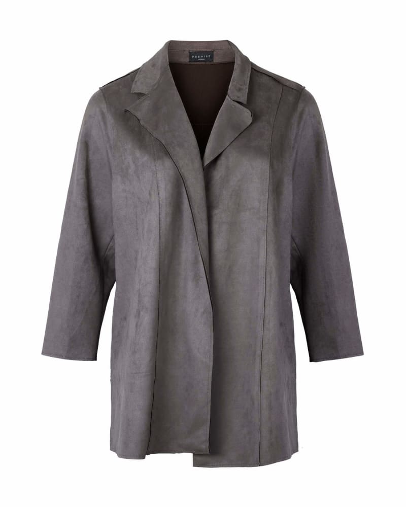 Front of a size 3X Esa Faux Suede Coat in Charcoal Grey by Premise. | dia_product_style_image_id:263258